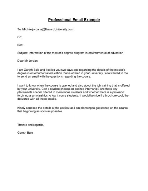 professional email format example for students