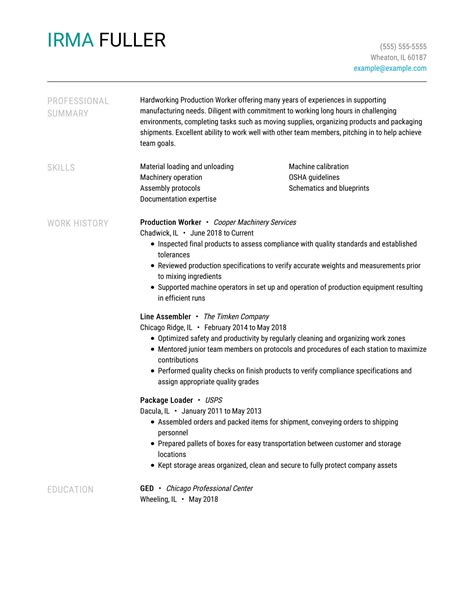 professional summary examples for production worker