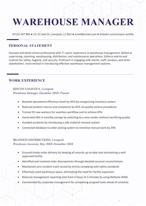 professional summary examples for warehouse manager