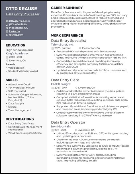 profile summary for data entry operator