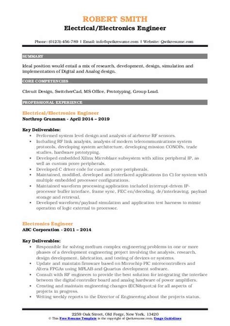 profile summary for electronics engineer