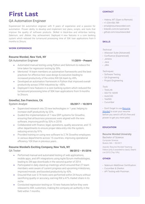profile summary for qa automation engineer