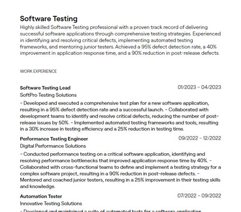 profile summary for software test engineer