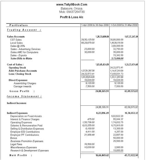 profit and loss account in excel format