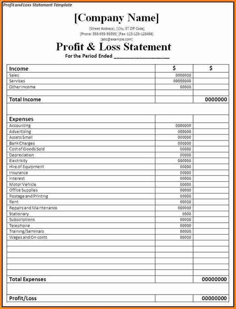 profit and loss statement format excel download