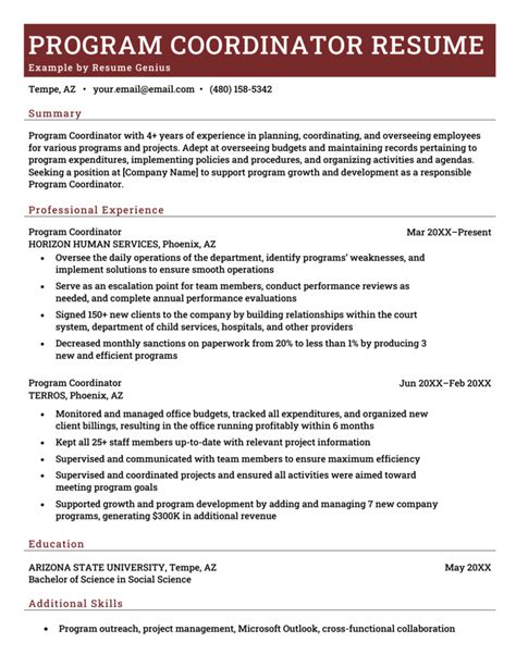 program coordinator resume sample