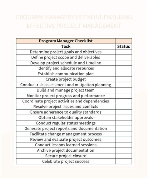 program management checklist template