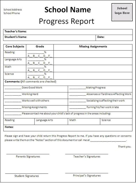 Progress Report Templates For Students