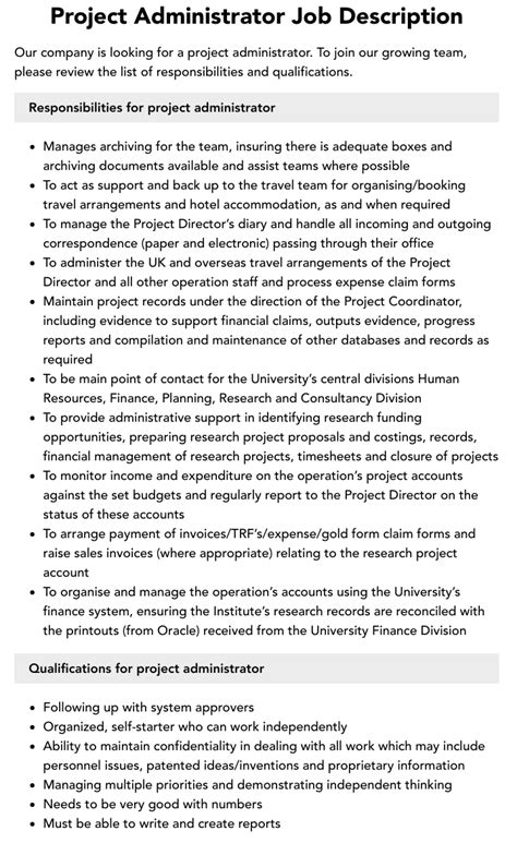 project administrator job description pdf