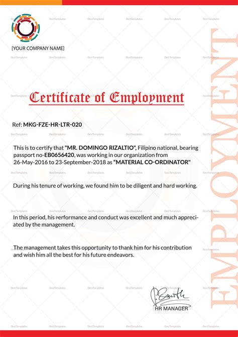 project based employment certificate sample