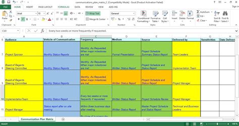 project communication plan template excel