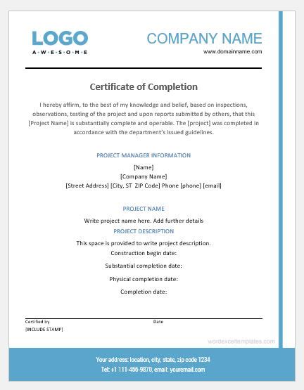 project completion certificate sample word