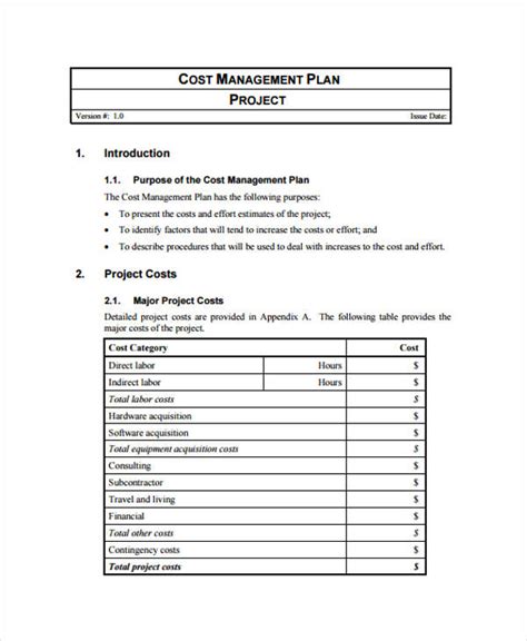 project cost management plan example pdf