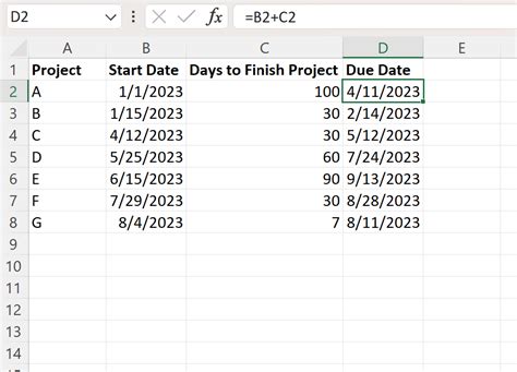 project date in excel