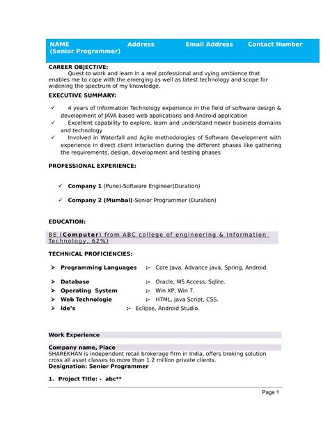 project description in resume for freshers examples