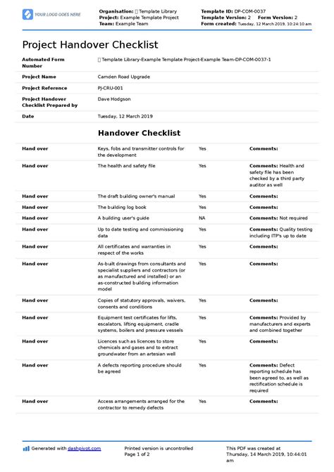 project handover checklist template excel