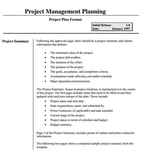 project management plan template sample