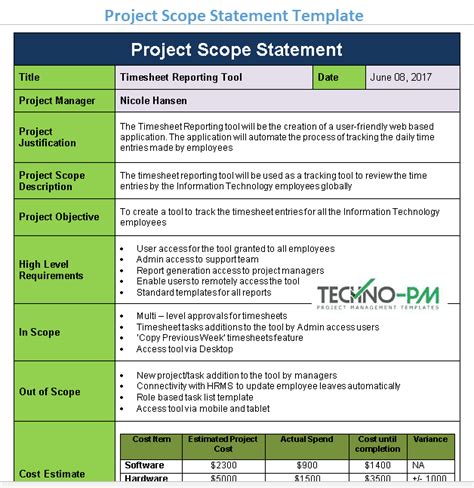 project management scope document template