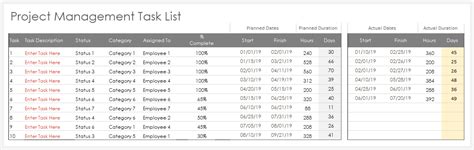 project management task list excel