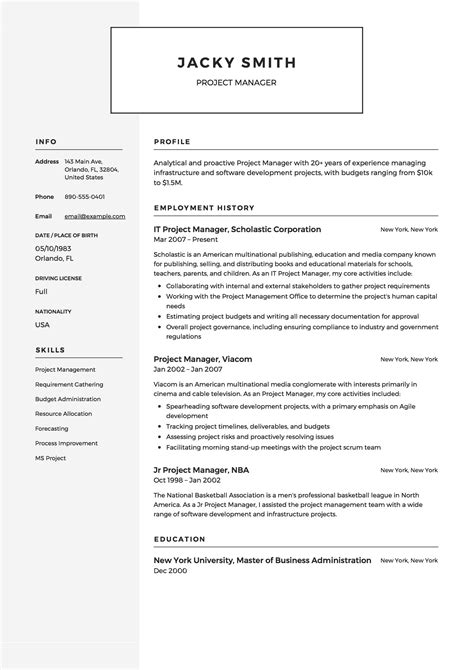 project manager example resume