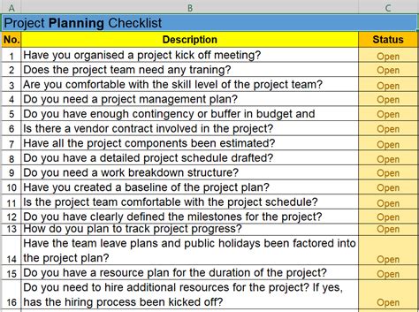 project plan checklist template excel