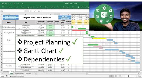 project planning on excel with gantt chart and dependency arrows