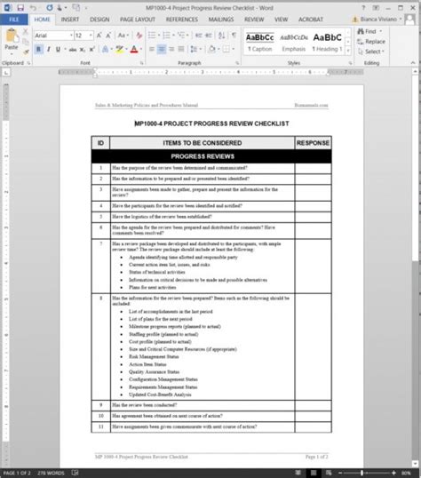 project progress checklist template