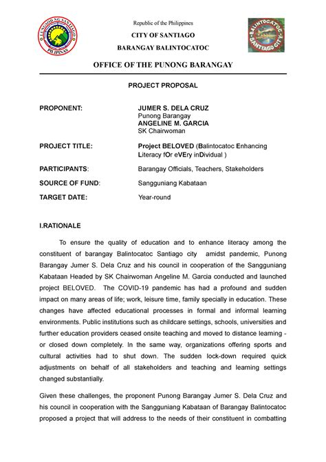 project proposal for barangay example tagalog