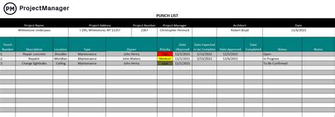 project punch list template excel