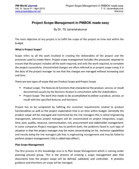 project scope management plan example pdf