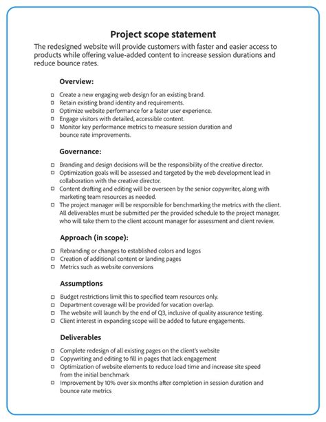 project scope statement deliverables example