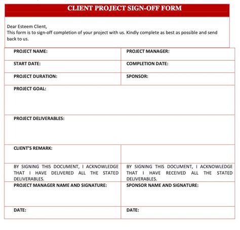 project sign off document template word
