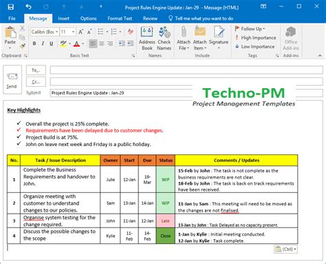 project status update email to client