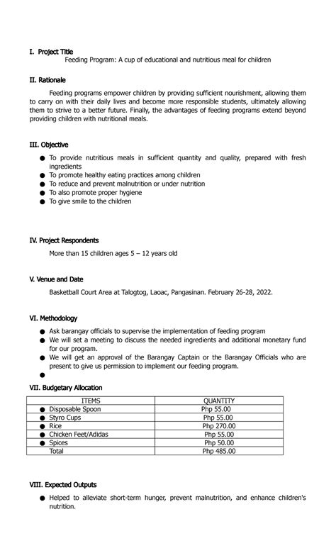 project title for feeding program in school