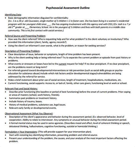 psychosocial assessment presenting problem example