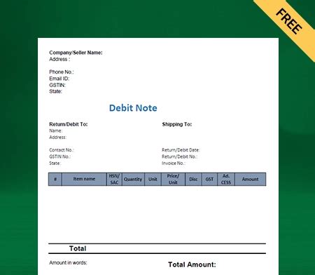 purchase return debit note format in excel