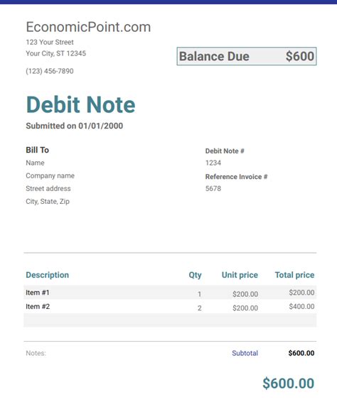 purpose of issuing debit note