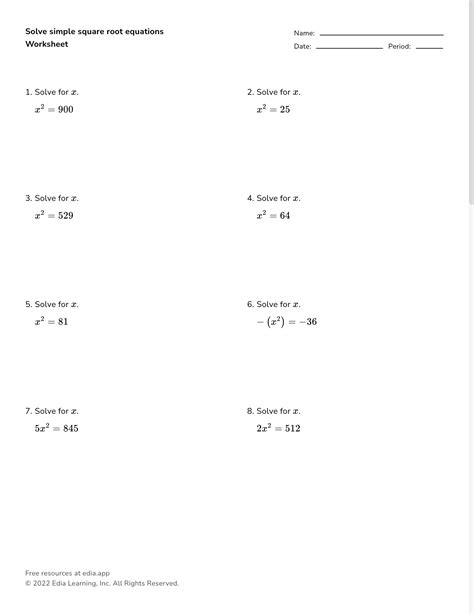 quadratic equation practice problems square roots