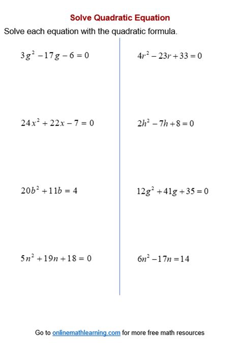 quadratic equation practice problems with answers pdf