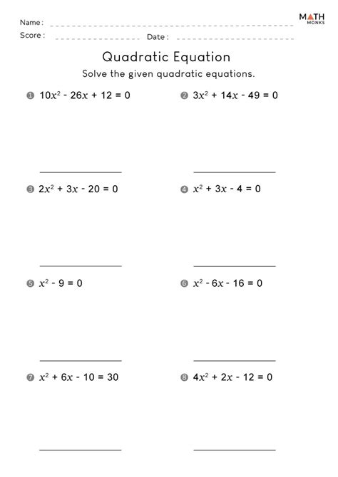 quadratic equation practice problems worksheet