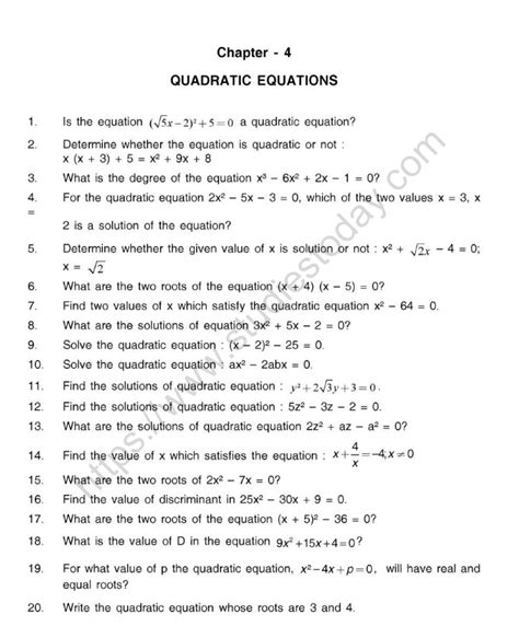 quadratic equation questions and answers pdf class 10