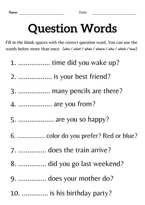 question words exercises with answers for class 7
