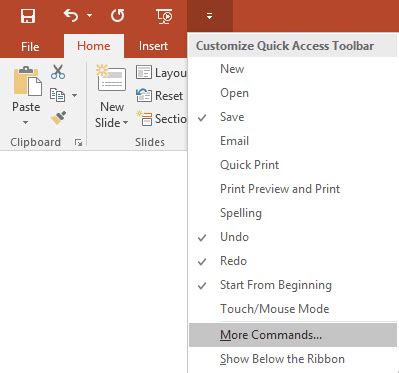 quick access toolbar in powerpoint 2016