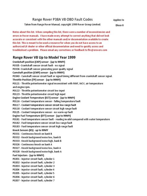 range rover fault codes list pdf