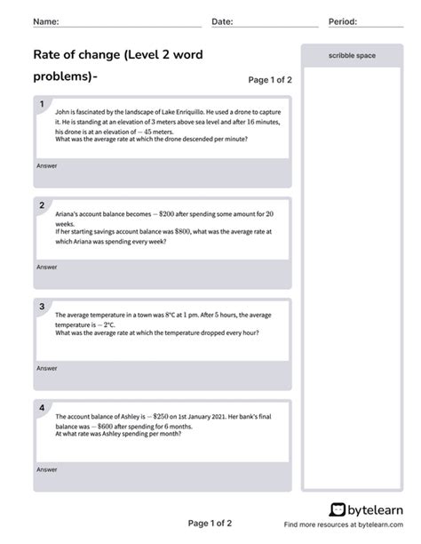 rate of change word problems worksheet with answers pdf
