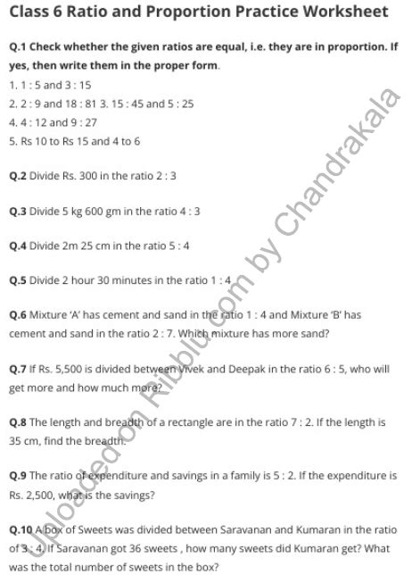 ratio and proportion class 6 worksheet with answers pdf
