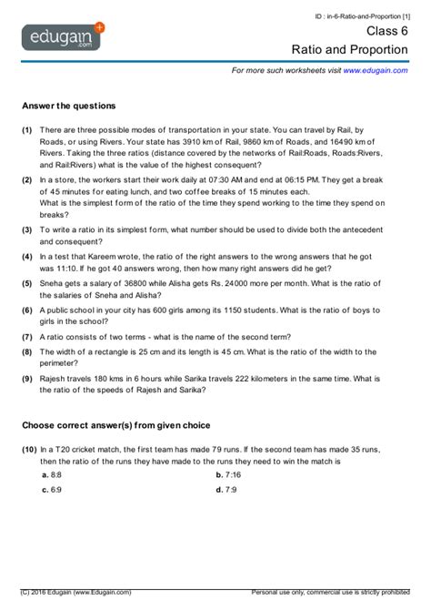 ratio questions grade 6 with answers