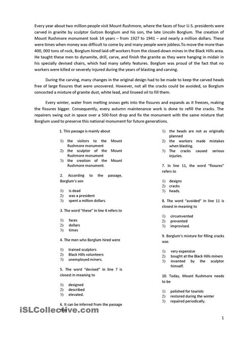 reading comprehension with 10 multiple choice questions with answers pdf