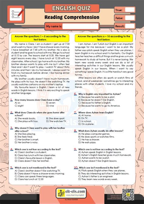 reading comprehension with 10 multiple choice questions with answers pdf grade 7
