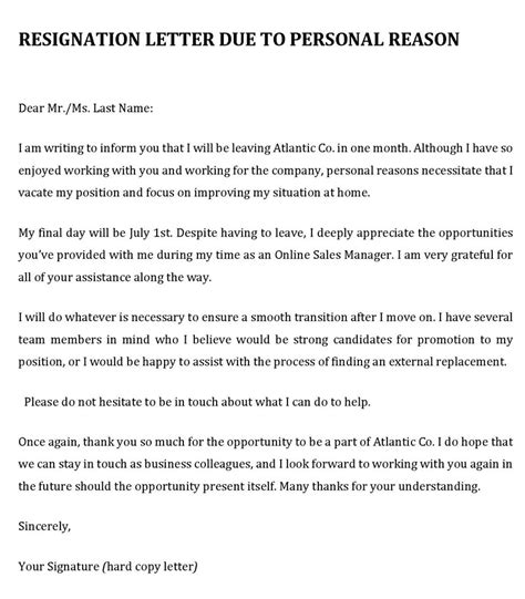 reason for resignation letter to manager